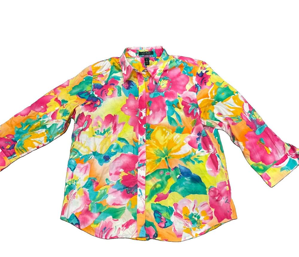 Ralph Lauren Womens Size X-Large Watercolor Tropical Floral Blouse Shirt Top